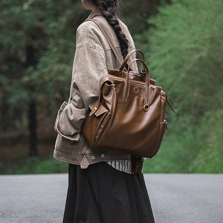 Leather Travel Backpack Tote Cowhide Laptop Bag Large Capacity Work Bag