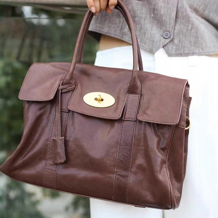 Leather Satchel Bag Top Grain Vegetable Tanned Cowhide Vintage Turn-Lock Work Bag