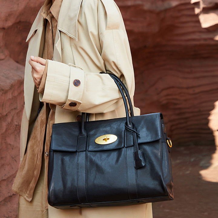 Leather Satchel Bag Top Grain Vegetable Tanned Cowhide Vintage Turn-Lock Work Bag