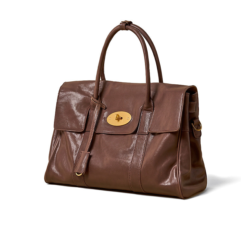 Leather Satchel Bag Top Grain Vegetable Tanned Cowhide Vintage Turn-Lock Work Bag