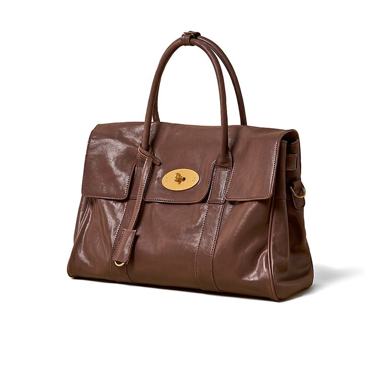 Leather Satchel Bag Top Grain Vegetable Tanned Cowhide Vintage Turn-Lock Work Bag