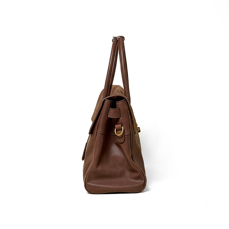 Leather Satchel Bag Top Grain Vegetable Tanned Cowhide Vintage Turn-Lock Work Bag
