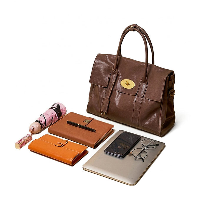 Leather Satchel Bag Top Grain Vegetable Tanned Cowhide Vintage Turn-Lock Work Bag