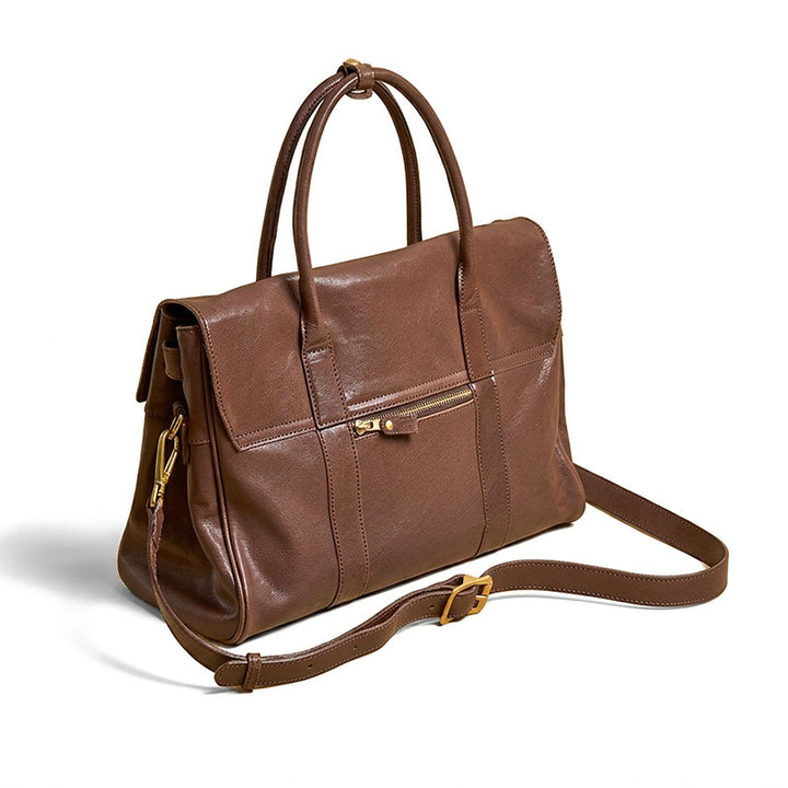 Leather Satchel Bag Top Grain Vegetable Tanned Cowhide Vintage Turn-Lock Work Bag