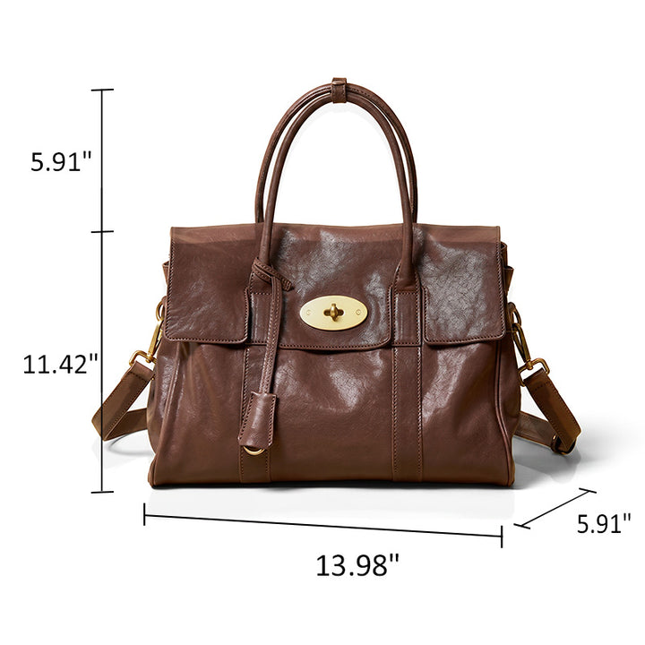 Leather Satchel Bag Top Grain Vegetable Tanned Cowhide Vintage Turn-Lock Work Bag
