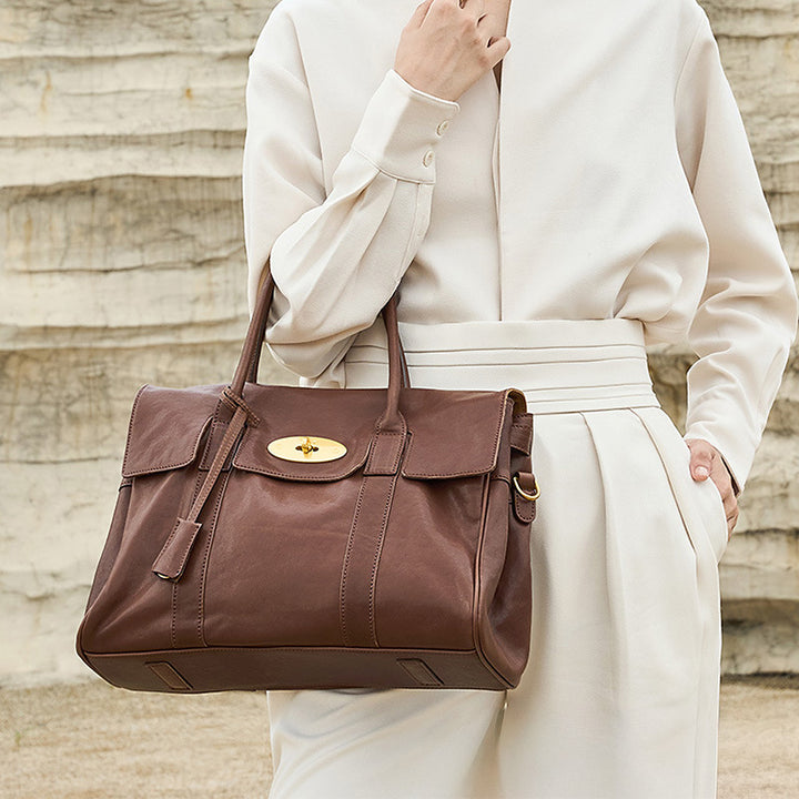Leather Satchel Bag Top Grain Vegetable Tanned Cowhide Vintage Turn-Lock Work Bag