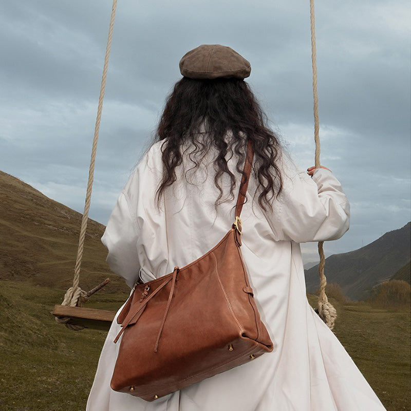 Slouchy Leather Hobo Bag Top Grain Vegetable Tanned Cowhide Shoulder Tote for Women