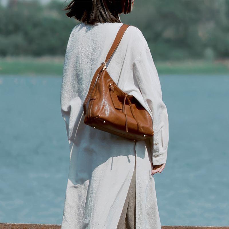 Slouchy Leather Hobo Bag Top Grain Vegetable Tanned Cowhide Shoulder Tote for Women