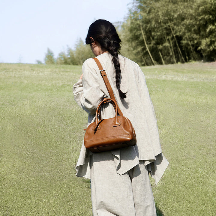 Vegetable Tanned Leather Boston Bag Structured Top Handle Satchel Work &amp; Travel