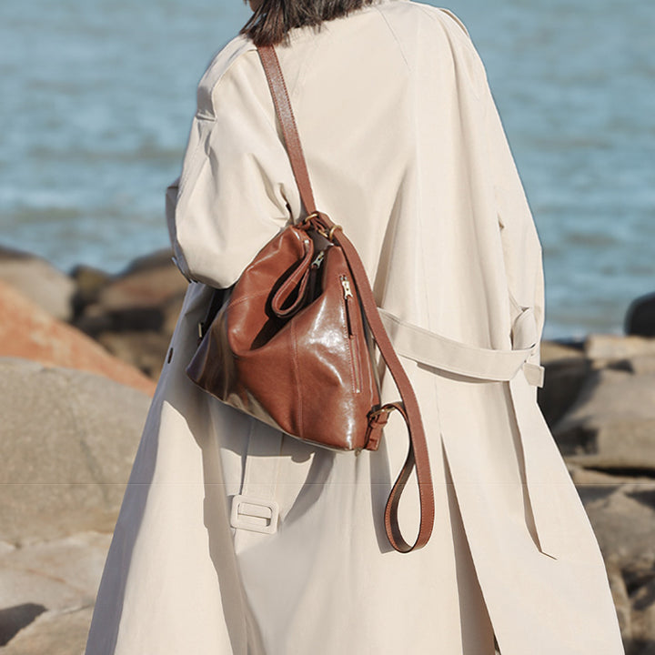 Vegetable Tanned Leather Backpack Purse Convertible Slouchy Shoulder Bag for Women
