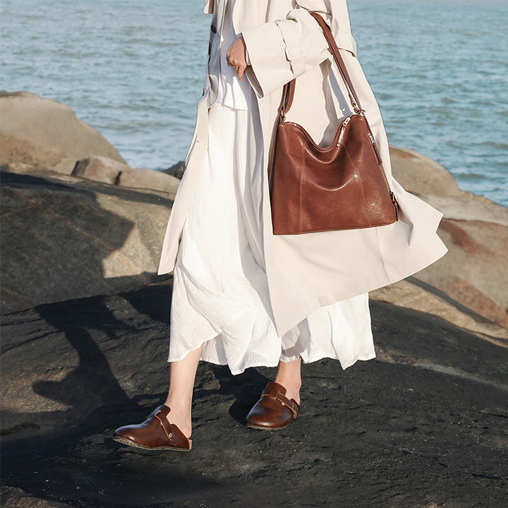 Vegetable Tanned Leather Backpack Purse Convertible Slouchy Shoulder Bag for Women