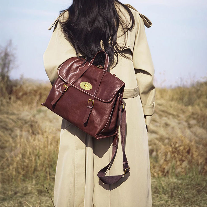 Vintage Vegetable Tanned Leather Backpack for Women Flap Lock Convertible Work Bag