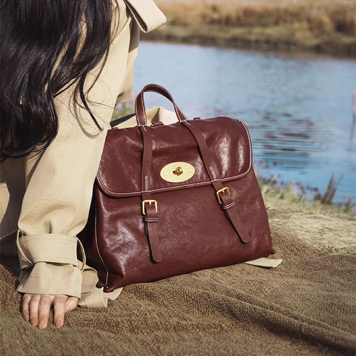 Vintage Vegetable Tanned Leather Backpack for Women Flap Lock Convertible Work Bag