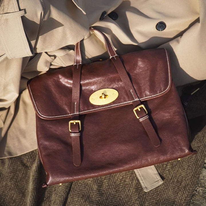 Vintage Vegetable Tanned Leather Backpack for Women Flap Lock Convertible Work Bag