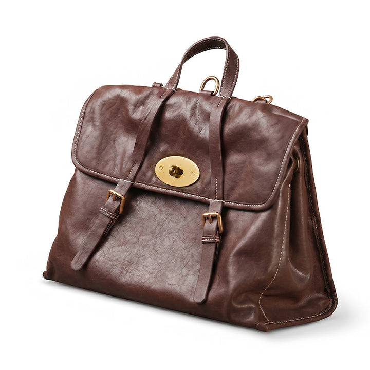 Vintage Vegetable Tanned Leather Backpack for Women Flap Lock Convertible Work Bag
