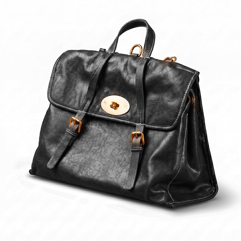 Vintage Vegetable Tanned Leather Backpack for Women Flap Lock Convertible Work Bag