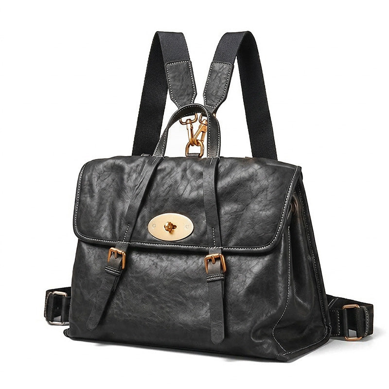 Vintage Vegetable Tanned Leather Backpack for Women Flap Lock Convertible Work Bag