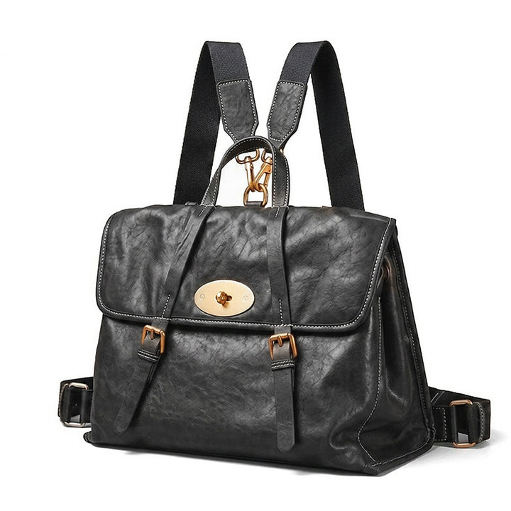 Vintage Vegetable Tanned Leather Backpack for Women Flap Lock Convertible Work Bag