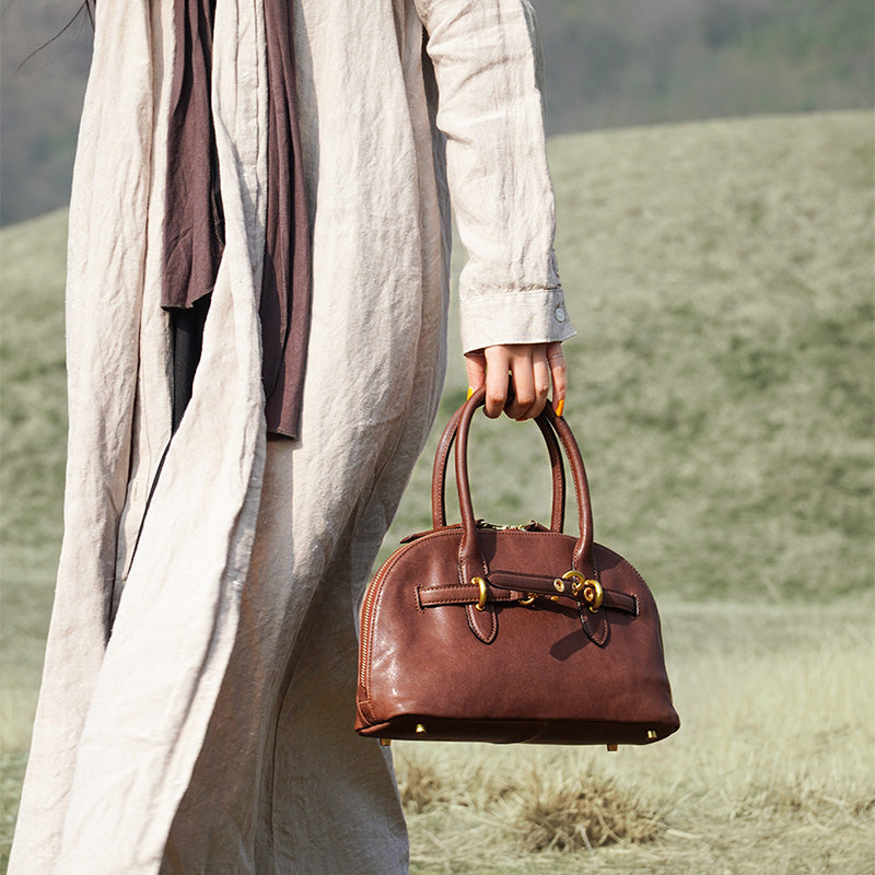Vegetable Tanned Leather Boston Bag Vintage Top Handle Bag for Women