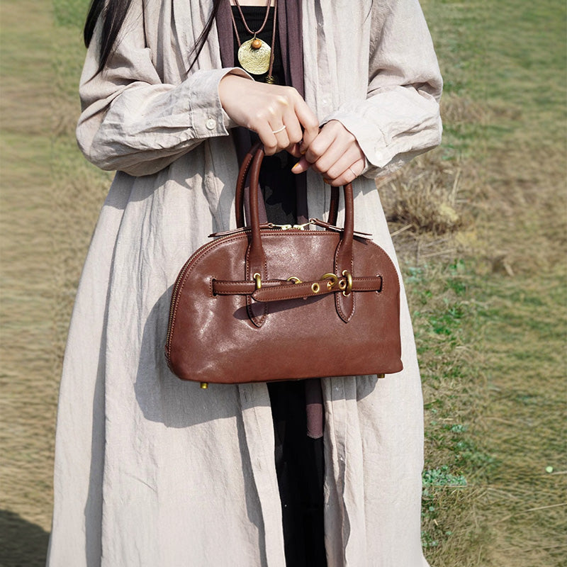 Vegetable Tanned Leather Boston Bag Vintage Top Handle Bag for Women