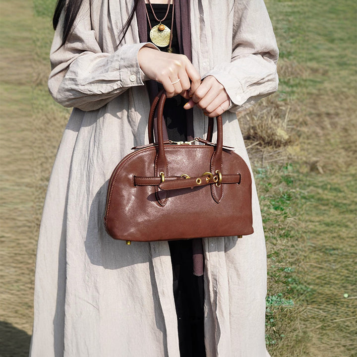 Vegetable Tanned Leather Boston Bag Vintage Top Handle Bag for Women