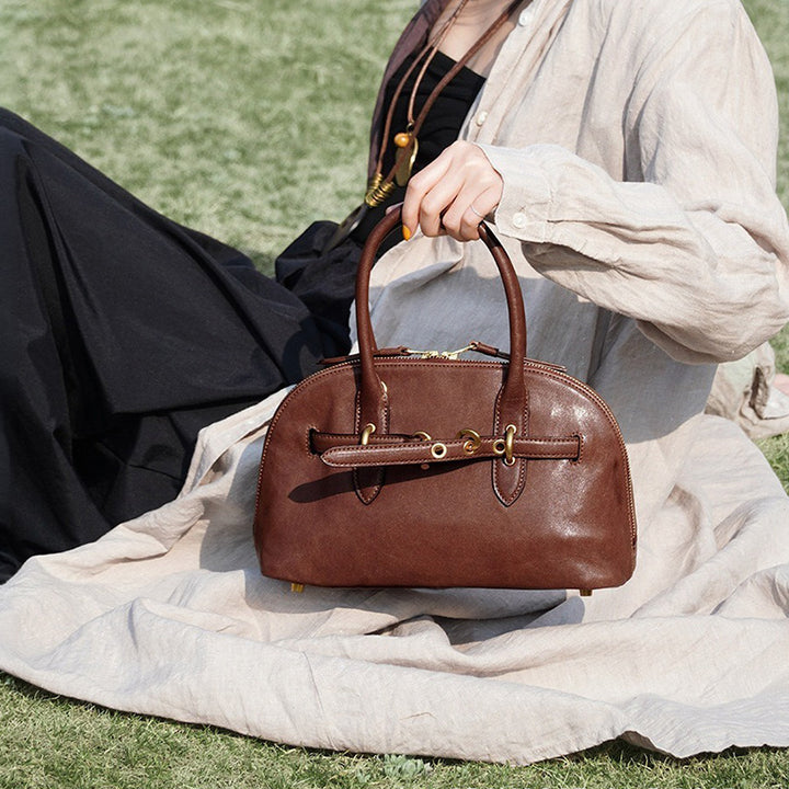 Vegetable Tanned Leather Boston Bag Vintage Top Handle Bag for Women