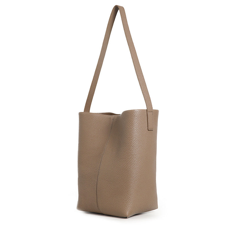 Full Grain Leather Bucket Tote Bag Slouchy Cowhide Work Shoulder Bag