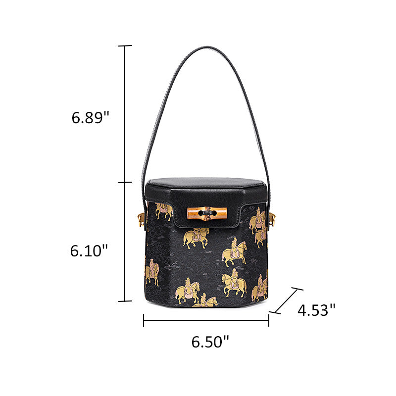 Small Leather Bucket Bag Mulberry Silk Chinese Pattern Crossbody Bag