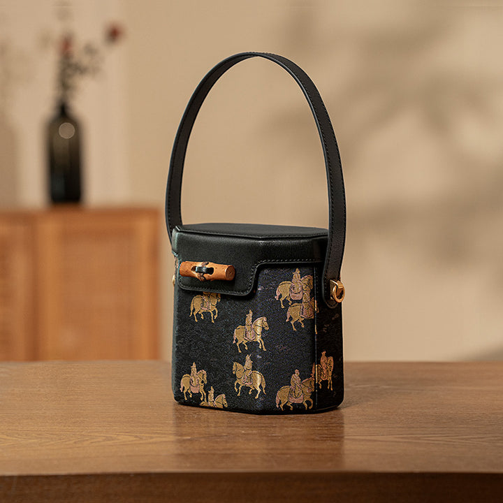 Small Leather Bucket Bag Mulberry Silk Chinese Pattern Crossbody Bag