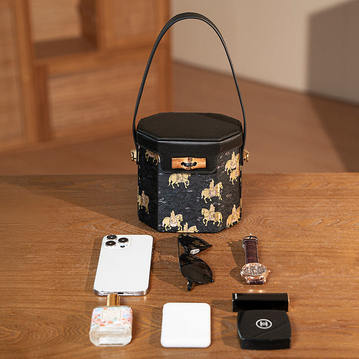 Small Leather Bucket Bag Mulberry Silk Chinese Pattern Crossbody Bag