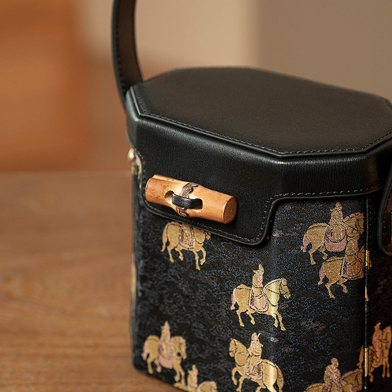 Small Leather Bucket Bag Mulberry Silk Chinese Pattern Crossbody Bag