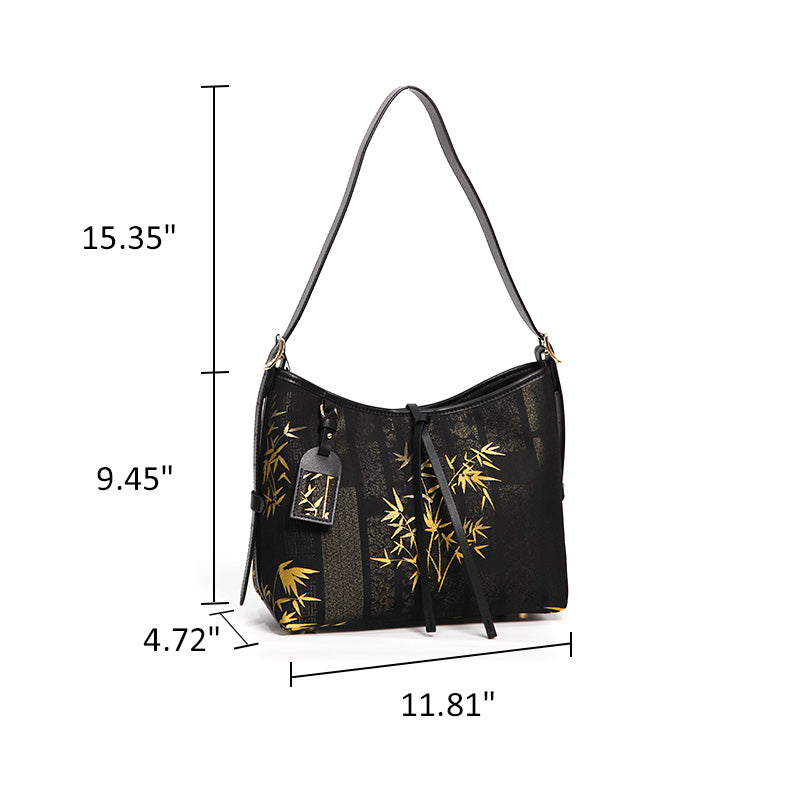 Black Leather Hobo Bag Slouchy Shoulder Mulberry Silk Bamboo Pattern