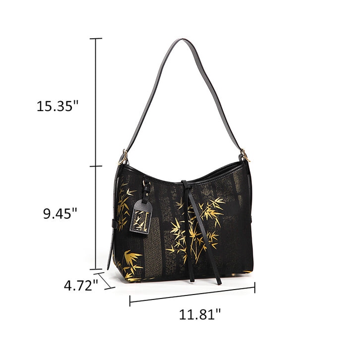 Black Leather Hobo Bag Slouchy Shoulder Mulberry Silk Bamboo Pattern