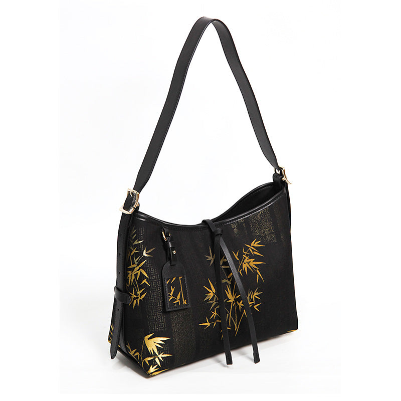 Black Leather Hobo Bag Slouchy Shoulder Mulberry Silk Bamboo Pattern