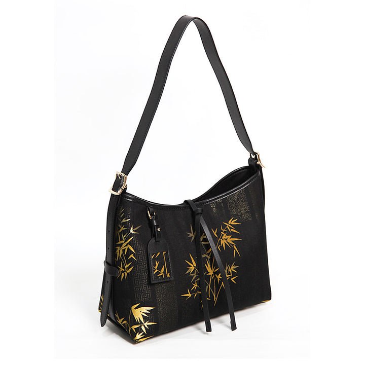 Black Leather Hobo Bag Slouchy Shoulder Mulberry Silk Bamboo Pattern