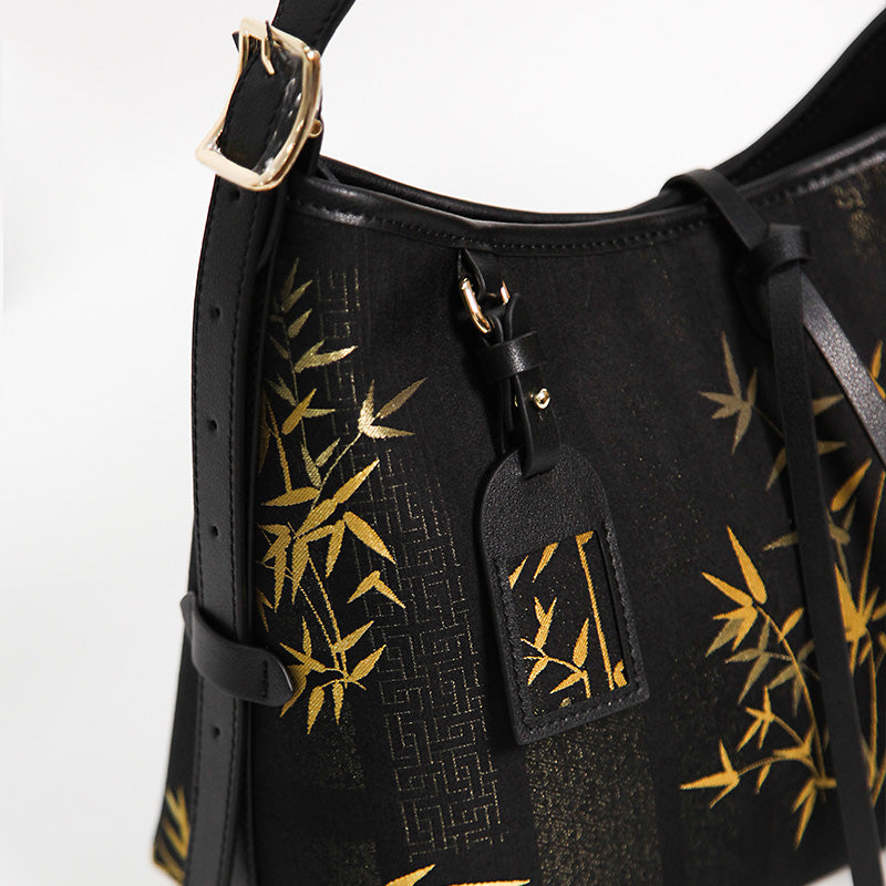 Black Leather Hobo Bag Slouchy Shoulder Mulberry Silk Bamboo Pattern