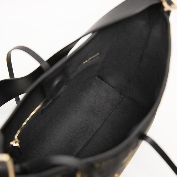 Black Leather Hobo Bag Slouchy Shoulder Mulberry Silk Bamboo Pattern