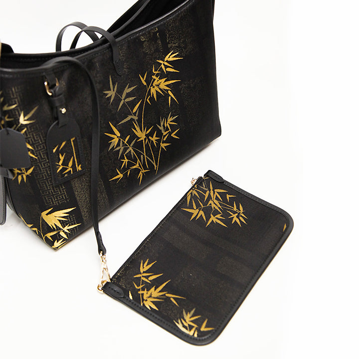 Black Leather Hobo Bag Slouchy Shoulder Mulberry Silk Bamboo Pattern