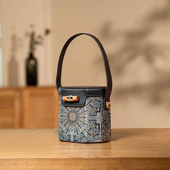 Small Leather Bucket Bag Mulberry Silk Chinese Pattern Crossbody Bag