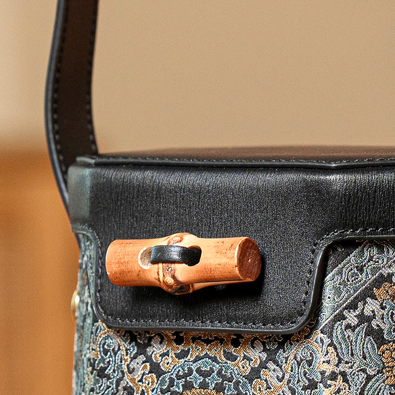 Small Leather Bucket Bag Mulberry Silk Chinese Pattern Crossbody Bag