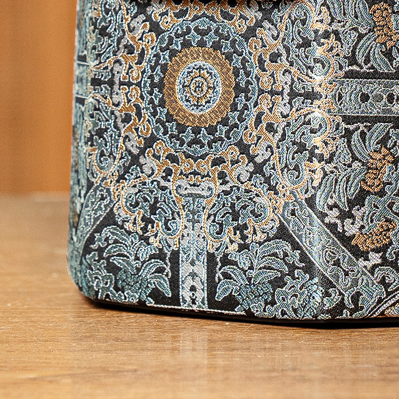 Small Leather Bucket Bag Mulberry Silk Chinese Pattern Crossbody Bag