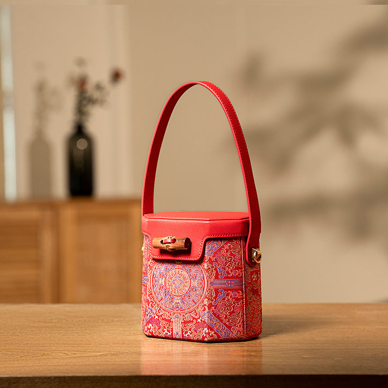 Small Leather Bucket Bag Mulberry Silk Chinese Pattern Crossbody Bag