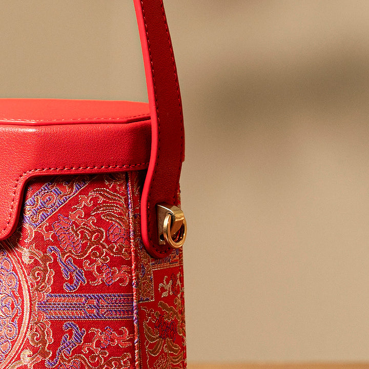 Small Leather Bucket Bag Mulberry Silk Chinese Pattern Crossbody Bag