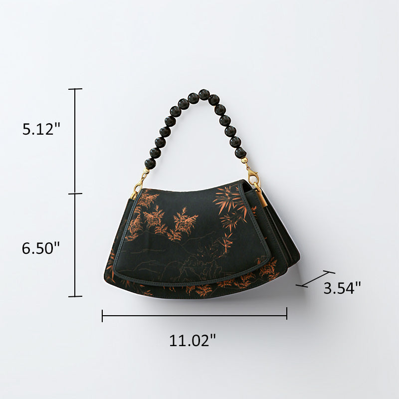 Black Silk Top Handle Bag Gold Bamboo Chinoiserie Beaded Handbag for Women