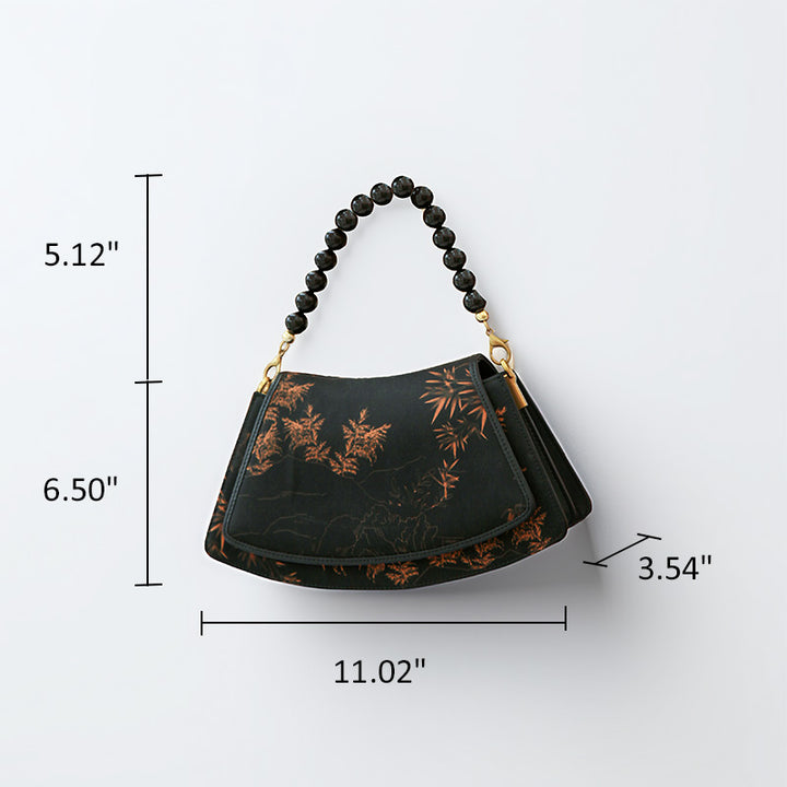 Black Silk Top Handle Bag Gold Bamboo Chinoiserie Beaded Handbag for Women