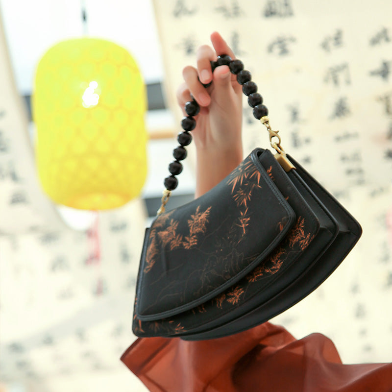 Black Silk Top Handle Bag Gold Bamboo Chinoiserie Beaded Handbag for Women