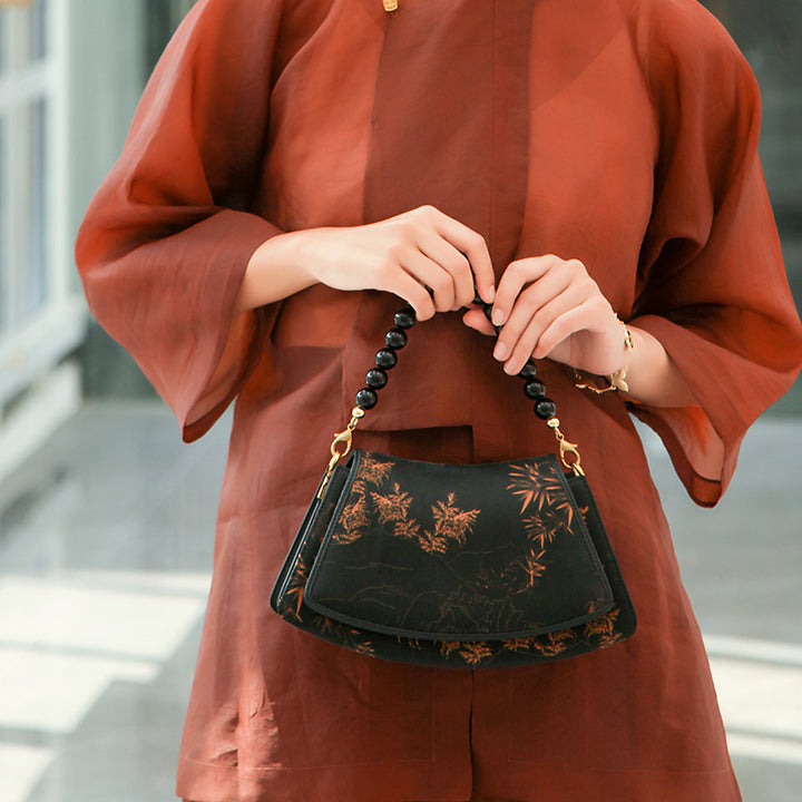 Black Silk Top Handle Bag Gold Bamboo Chinoiserie Beaded Handbag for Women