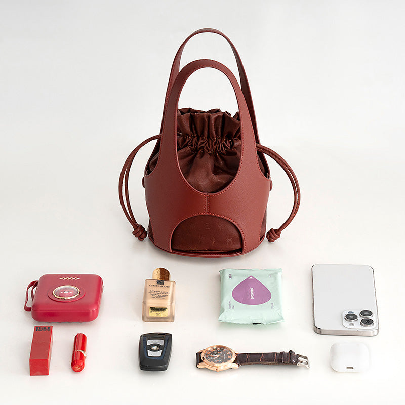 Xiangyunsha Silk Drawstring Bucket Bag Mulberry Silk &amp; Leather Handbag for Women