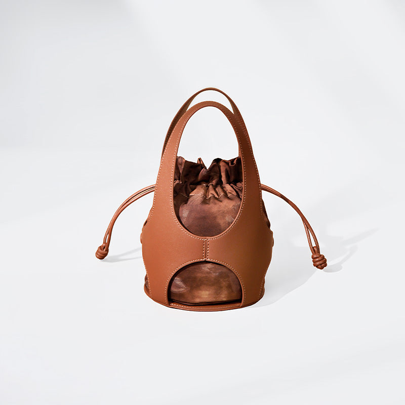 Xiangyunsha Silk Drawstring Bucket Bag Mulberry Silk &amp; Leather Handbag for Women