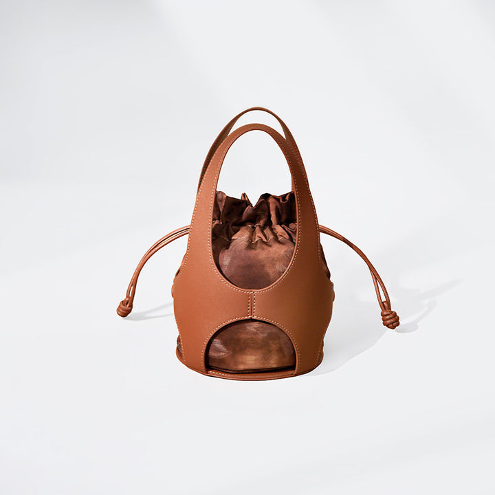 Xiangyunsha Silk Drawstring Bucket Bag Mulberry Silk &amp; Leather Handbag for Women